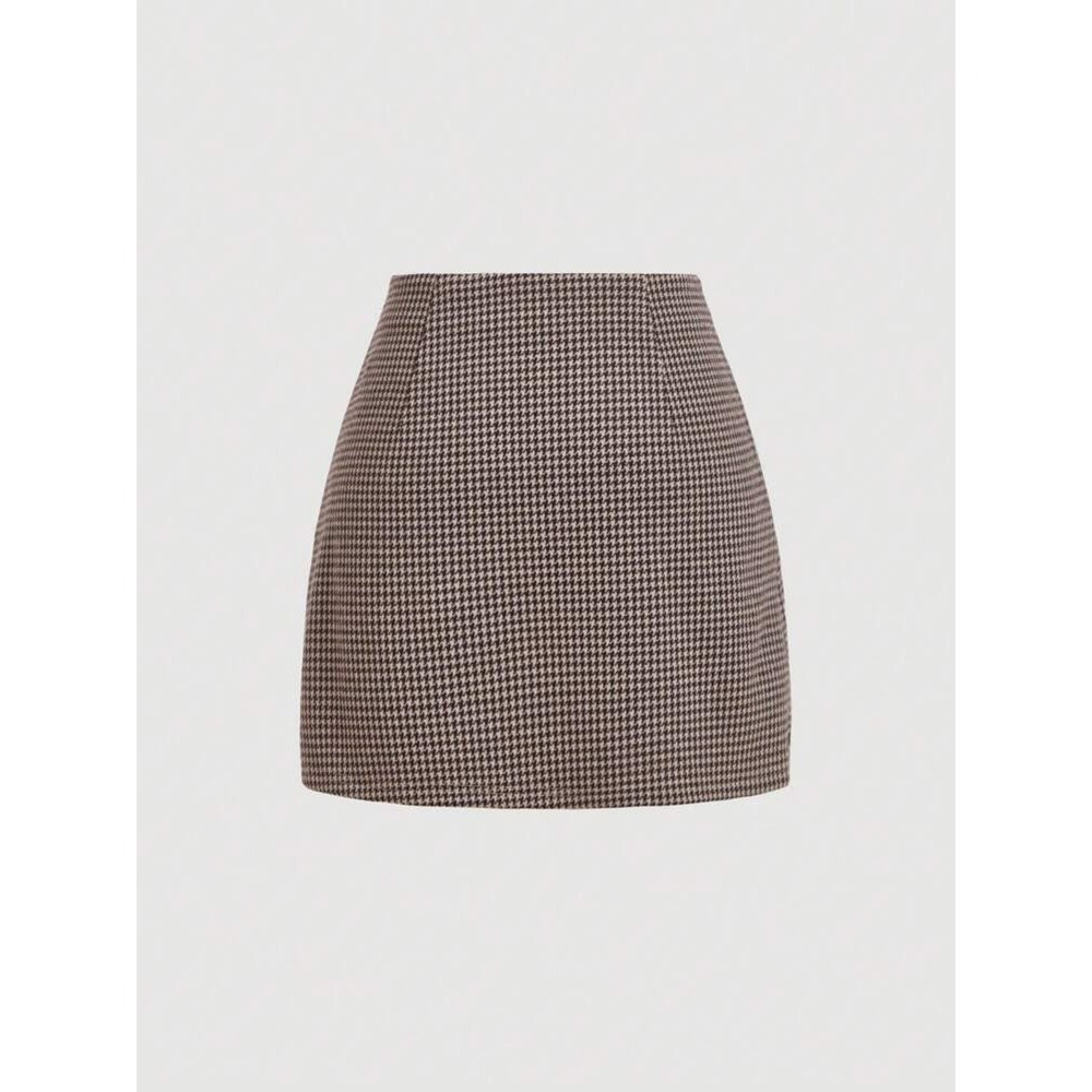 Brown Houndstooth Plaid Mini Skirt Preppy Stretch High Waist Fall Academia  M